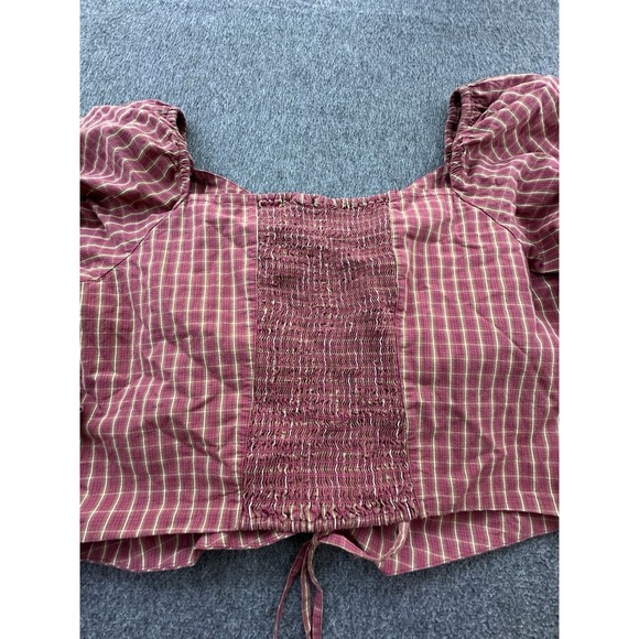 Levis Shirt Womens 1X Dark Red Plaid Shirred Cropped‎ Front Tie Smocked Top New - Picture 13 of 16